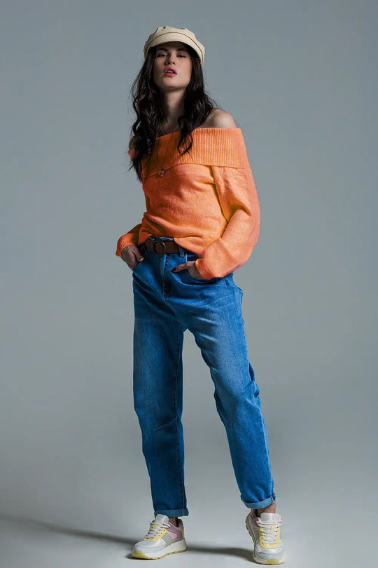 Orange sweater with boat neckline - ORANGE / ONE - Sweaters