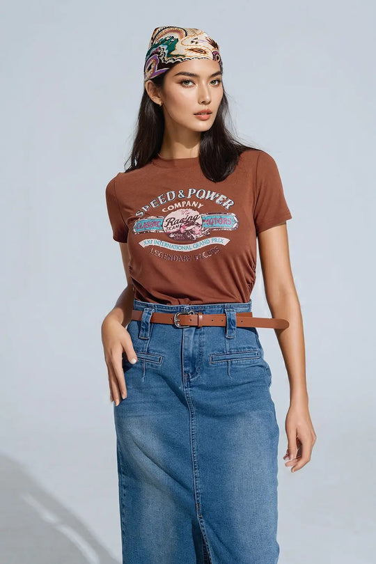 Brown Crew Neck T-shirt With Graphic Print - T-Shirts