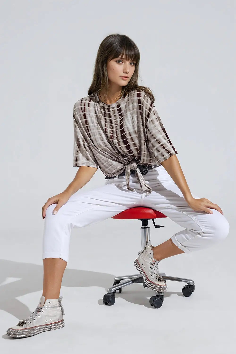 Khaki Tie Dye printed t-shirt with knot on the front - T-Shirts