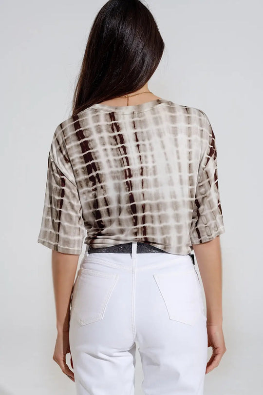 Khaki Tie Dye printed t-shirt with knot on the front - T-Shirts