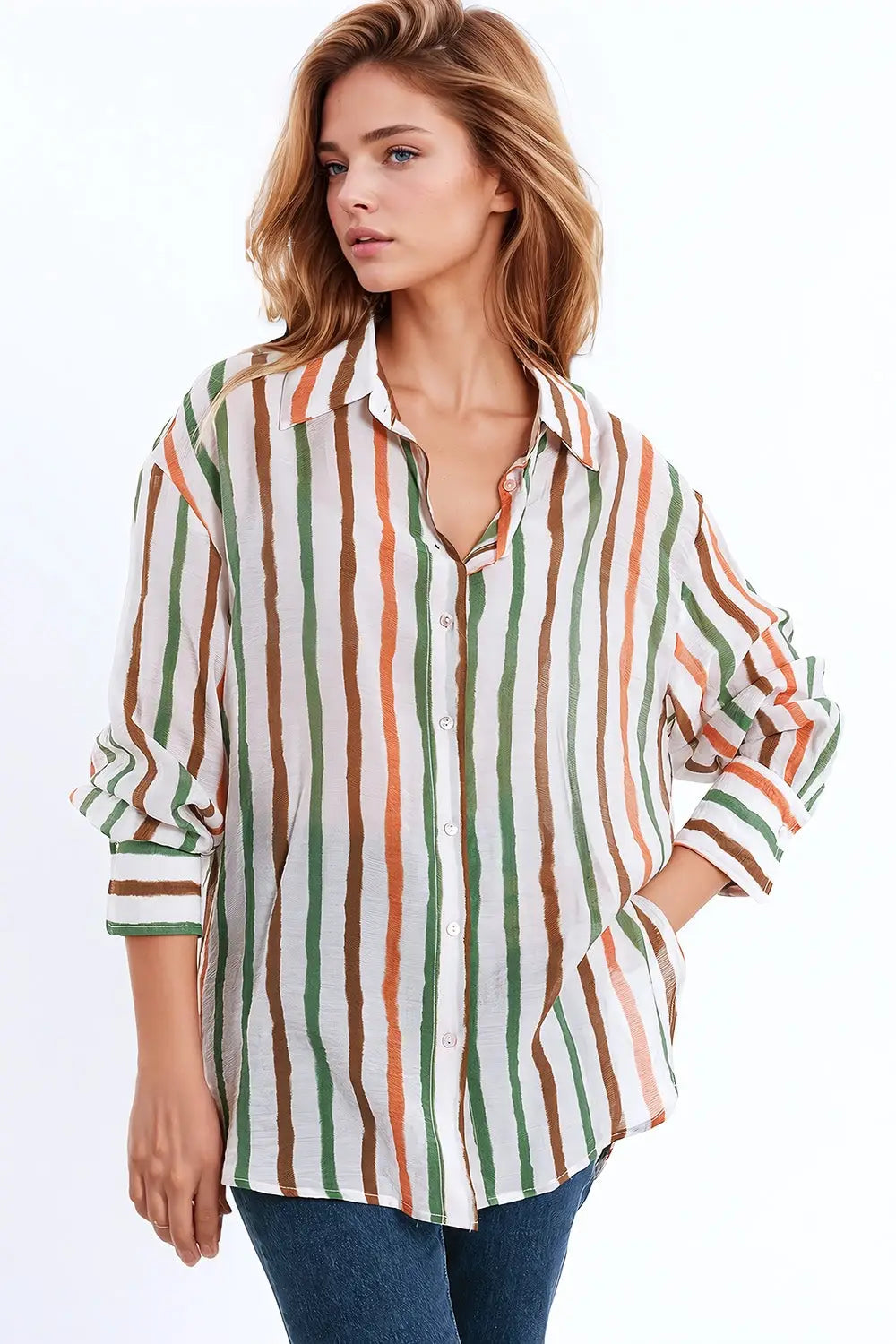 chiffon long sleeve shirt with multicolor stripes green and brown - Shirts