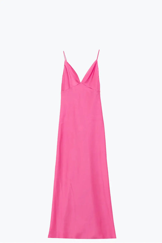 Satin Maxi Dress With Spaghetti Straps in Fuchsia - Dresses
