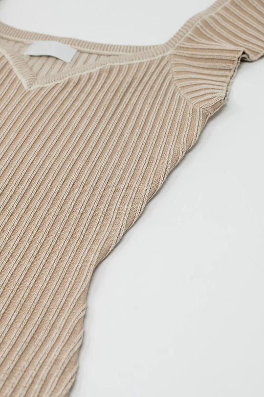 Beige midi thick rib bodycon dress with cap sleeves - BEIGE / ONE - Dresses