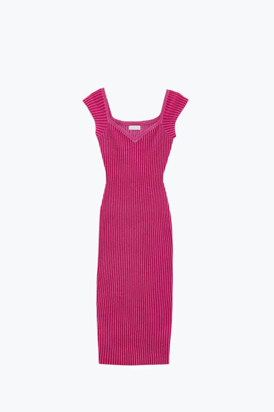 Pink Midi Thick Rib Bodycon Dress With Cap Sleeves - FUCHSIA / ONE - Dresses