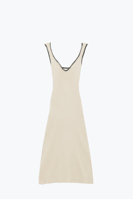 Summer Body Hugging knitted Dress in beige With black Trim