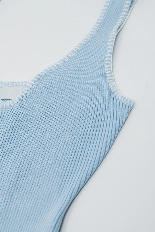 Summer Body Hugging knitted Dress in light blue With White Trim - BLUE / ONE - Dresses