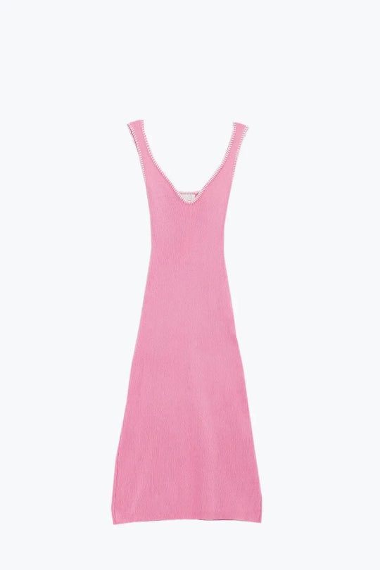 Summer Body Hugging knitted Dress in pink With White Trim - PINK / ONE - Dresses