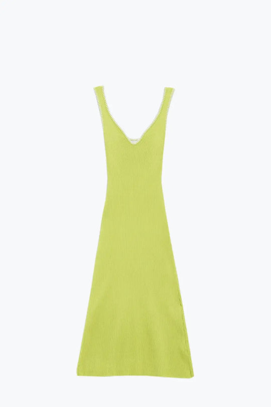A-line Summer Body Hugging Dress in Lime Green With White Trim - GREEN / ONE - Dresses