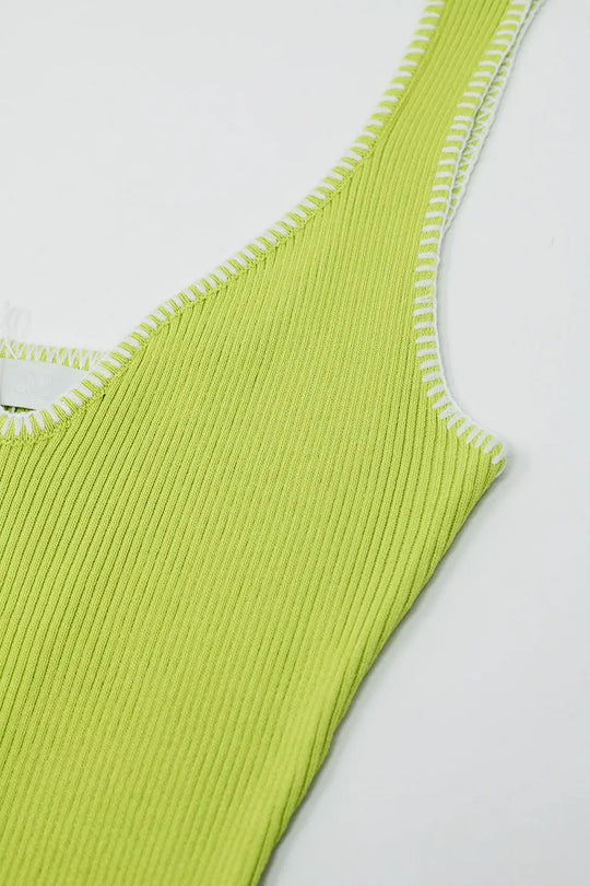 A-line Summer Body Hugging Dress in Lime Green With White Trim - GREEN / ONE - Dresses