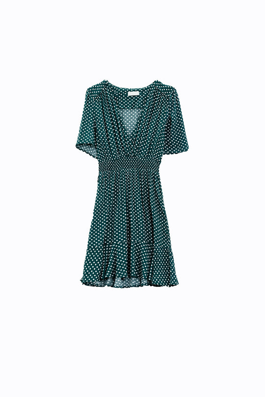 Green Mini Dress With Wrap Front Cinched Waist And Floral Print