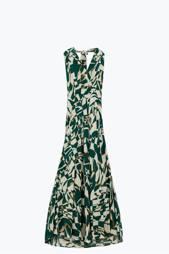 Halter Midi Dress with Cinched Waist In Abstract Green and White Print - Dresses