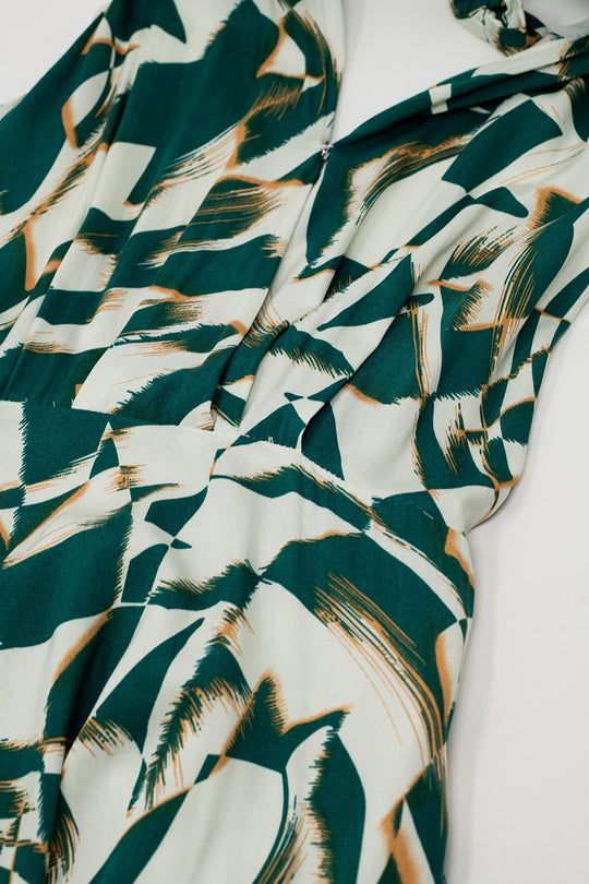 Halter Midi Dress with Cinched Waist In Abstract Green and White Print