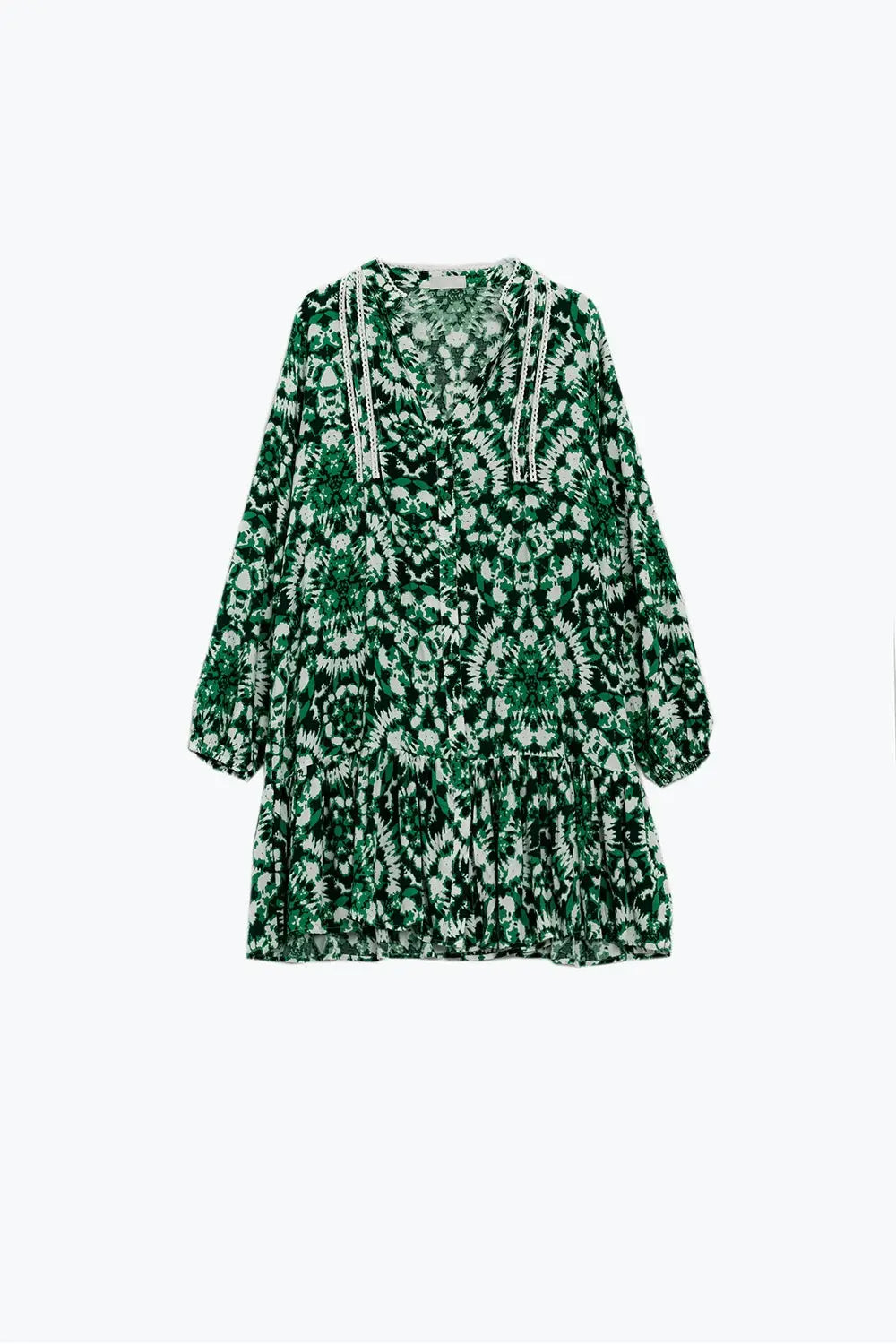 Tie Dye Print Short Dress With Long Sleeves And Lace Trim in Green - Dresses