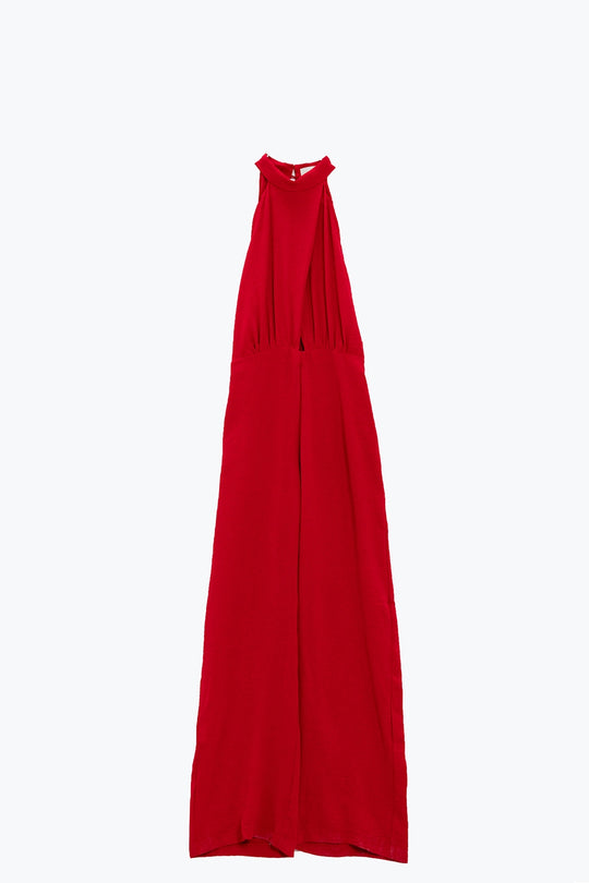 Red Jumpsuit With Crossed Halter Neckline
