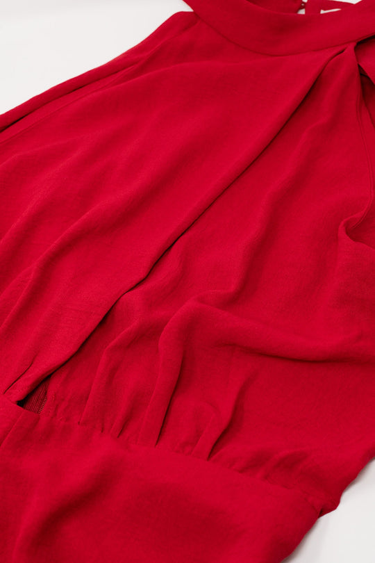 Red Jumpsuit With Crossed Halter Neckline