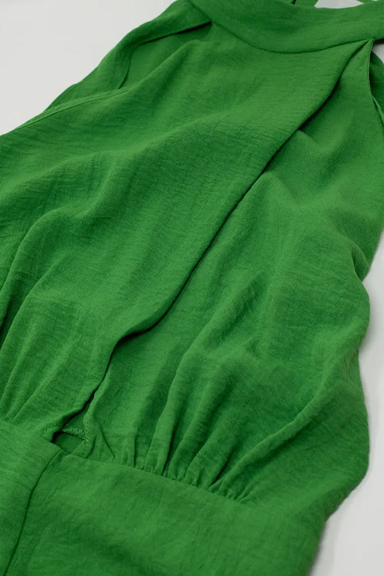 Green Jumpsuit With Crossed Halter Neckline - Dresses