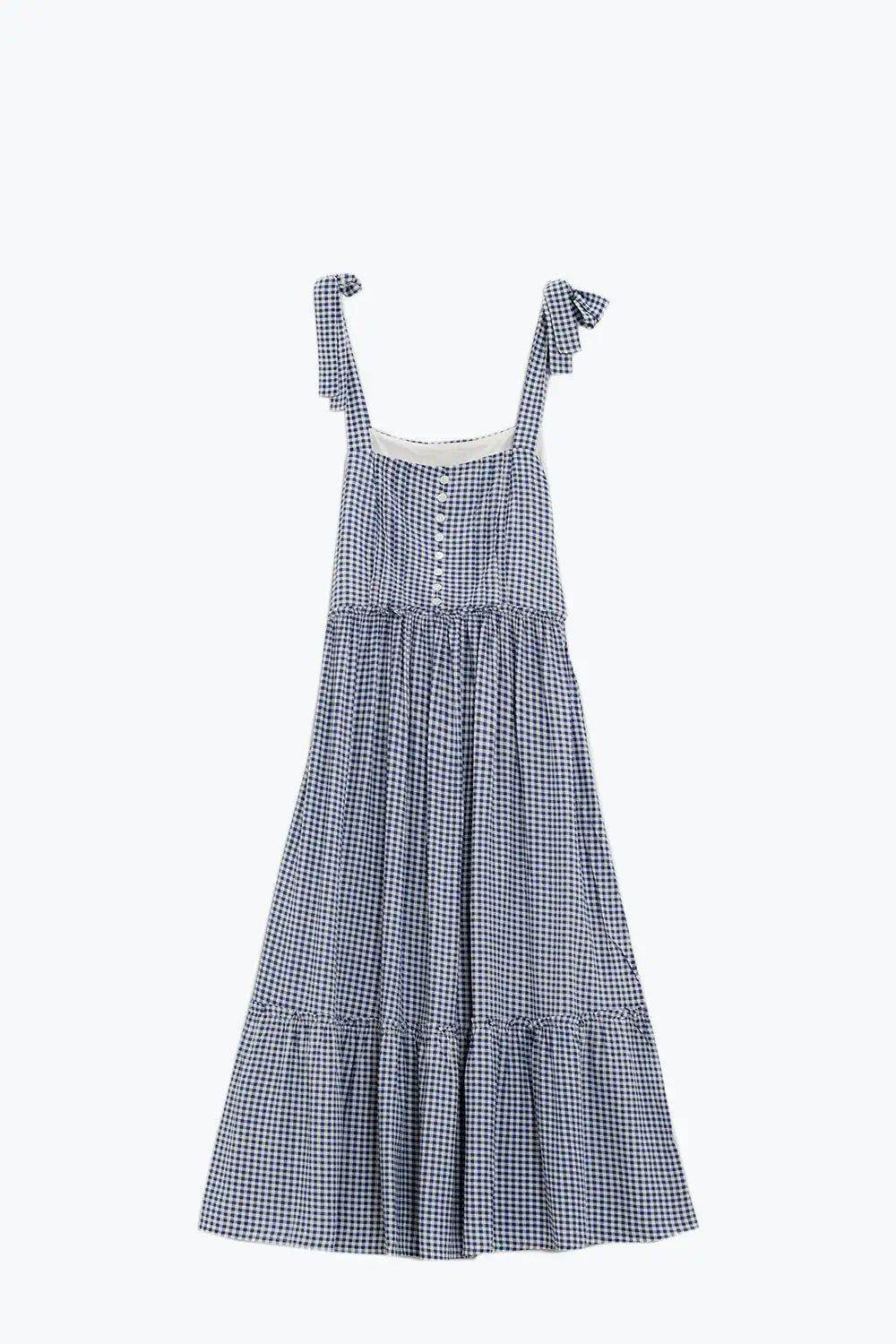 Blue and White Gingham A-line Dress With Adjustable Straps - Dresses