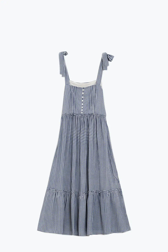 Blue and White Gingham A-line Dress With Adjustable Straps - Dresses