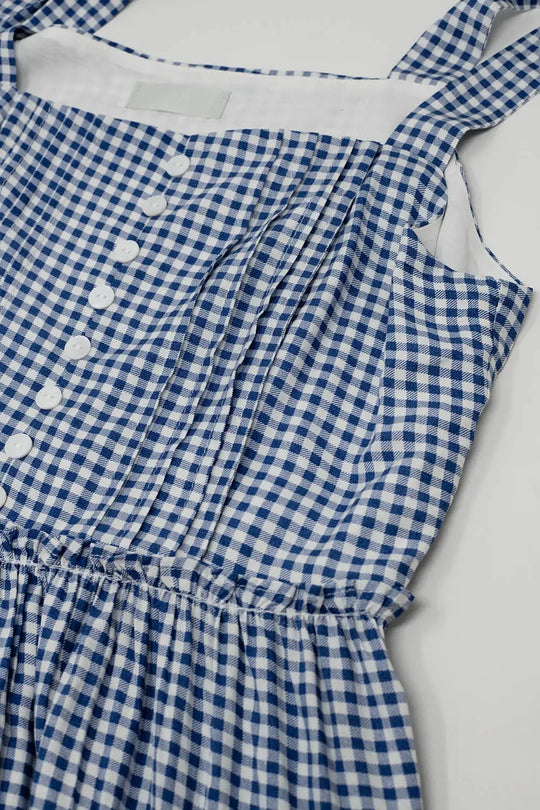 Blue and White Gingham A-line Dress With Adjustable Straps - Dresses