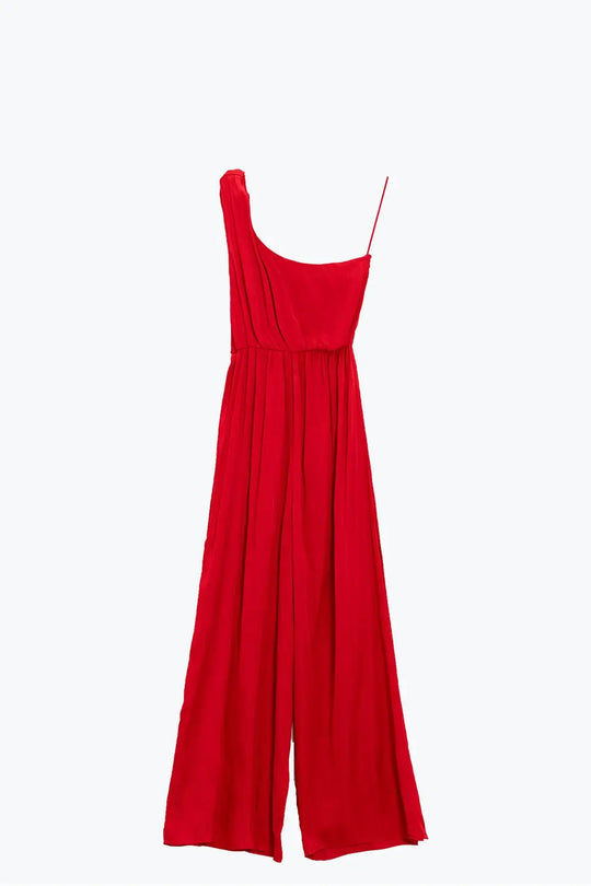 Drapped One Shoulder Jumpsuit With Cinched Waist In Red - Dresses