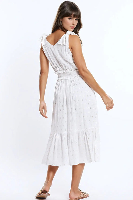 Wrapped White Midi Dress With Smock Detail At The Waist and Golden Polka Dots - Dresses