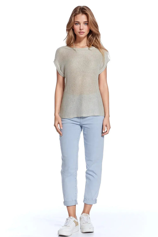 Boat neck ribbed sweater with cap sleeves in beige - BEIGE / ONE - Sweaters