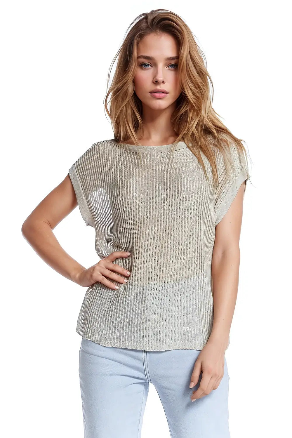 Boat neck ribbed sweater with cap sleeves in beige - BEIGE / ONE - Sweaters
