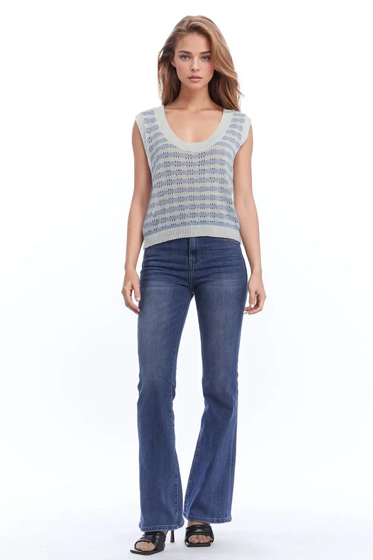 Open Knit Cropped Striped Sleeveless sweater in Blue and White - BLUE / ONE - Sweaters