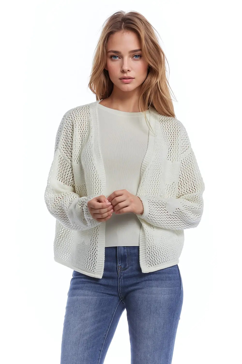 Crochet Cardigan With Knitted Clouds In White - CREAM / ONE - Cardigans