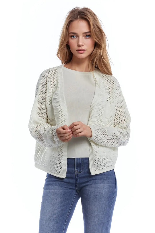 Crochet Cardigan With Knitted Clouds In White - CREAM / ONE - Cardigans