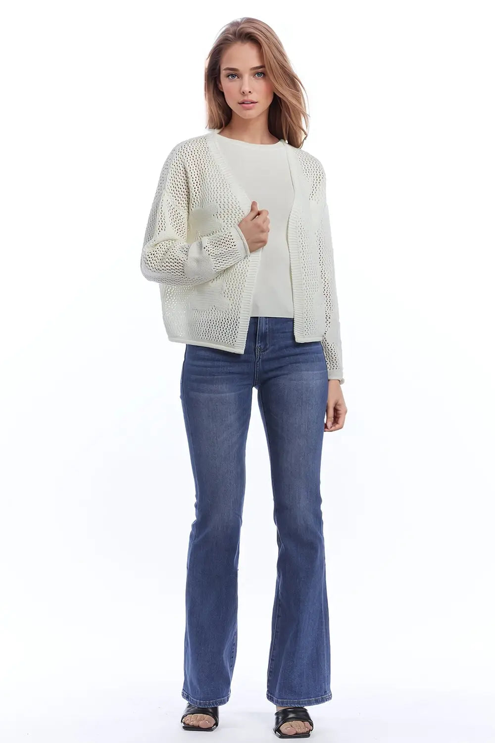 Crochet Cardigan With Knitted Clouds In White - CREAM / ONE - Cardigans