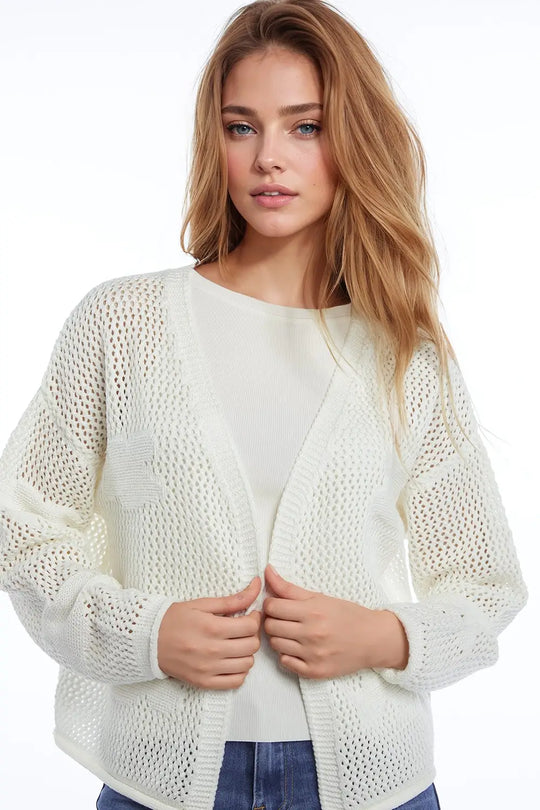 Crochet Cardigan With Knitted Clouds In White - CREAM / ONE - Cardigans