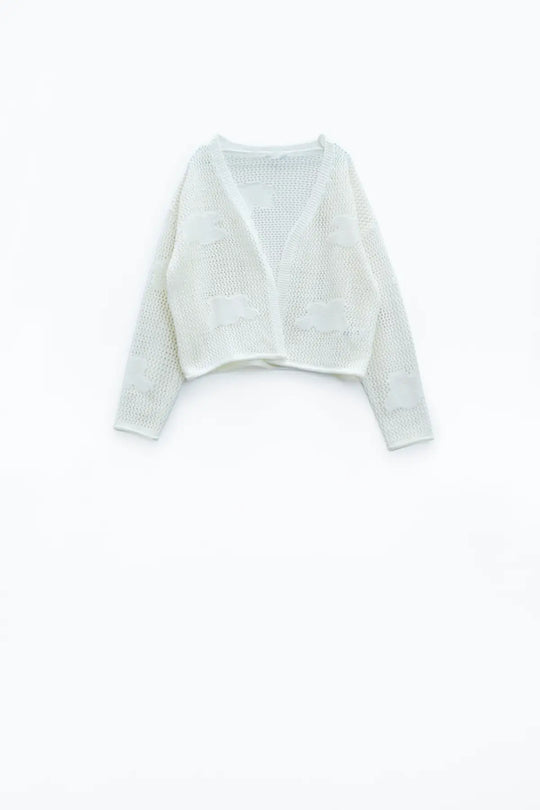 Crochet Cardigan With Knitted Clouds In White - CREAM / ONE - Cardigans