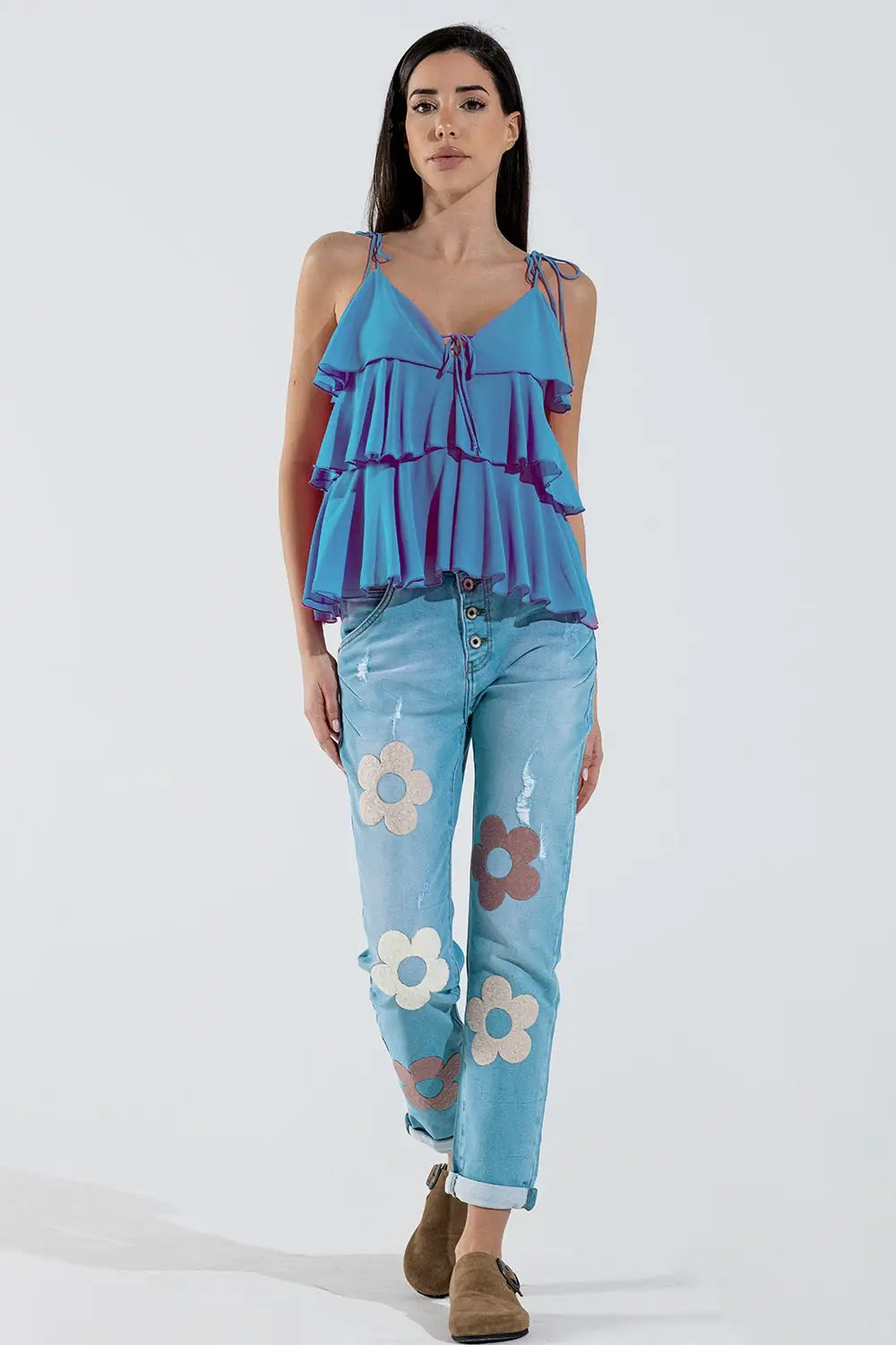 Ruffle Top WIth Thin straps in Blue - Tops