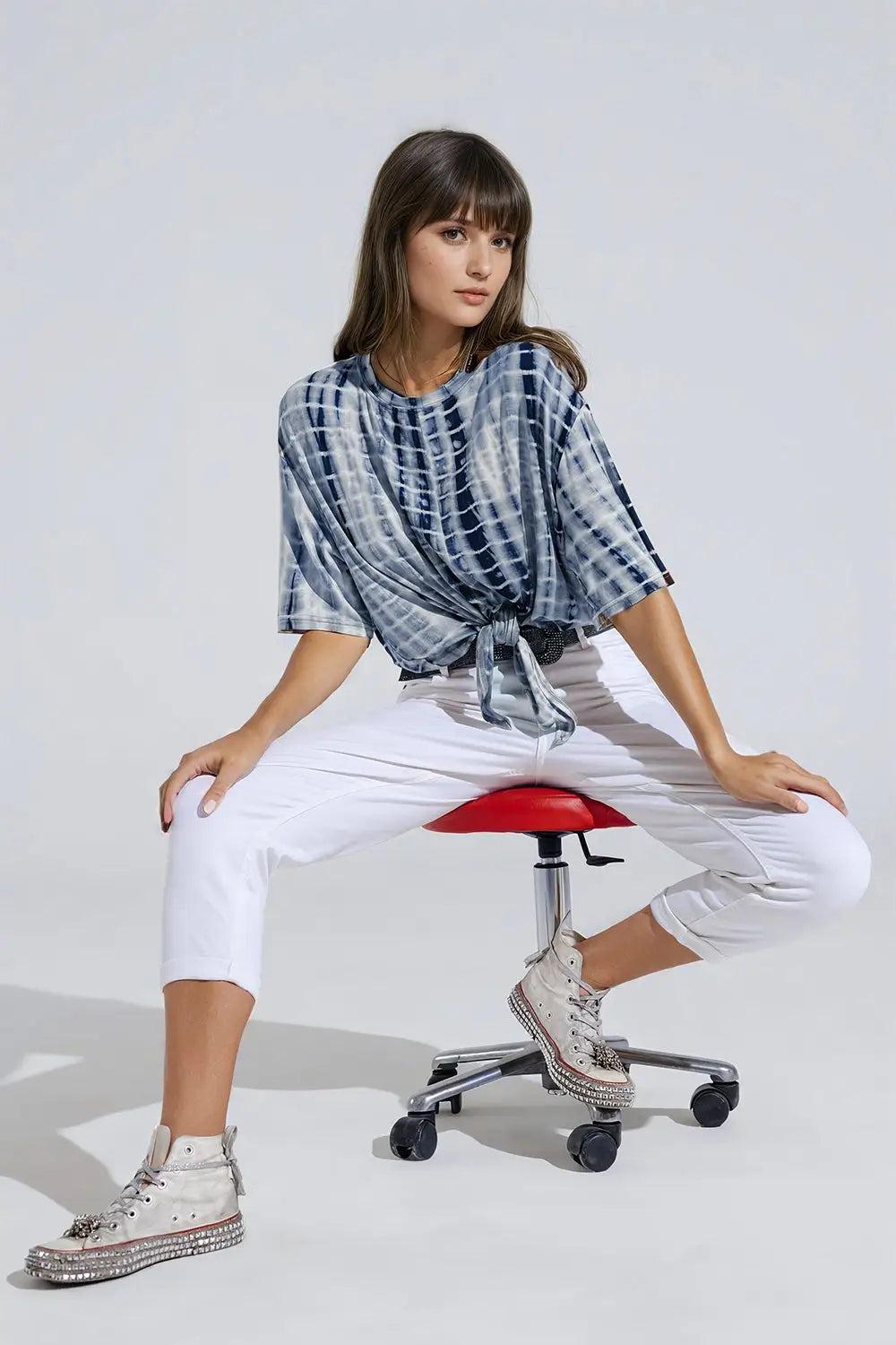 Blue Tie Dye printed t-shirt with knot on the front - T-Shirts