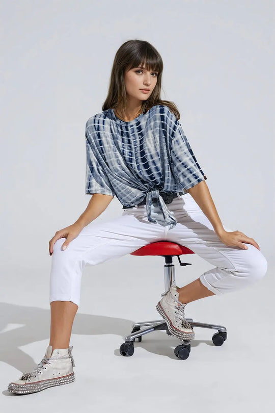 Blue Tie Dye printed t-shirt with knot on the front - T-Shirts