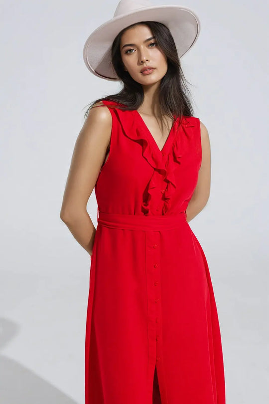 long red dress with ruffle and button detail - Dresses