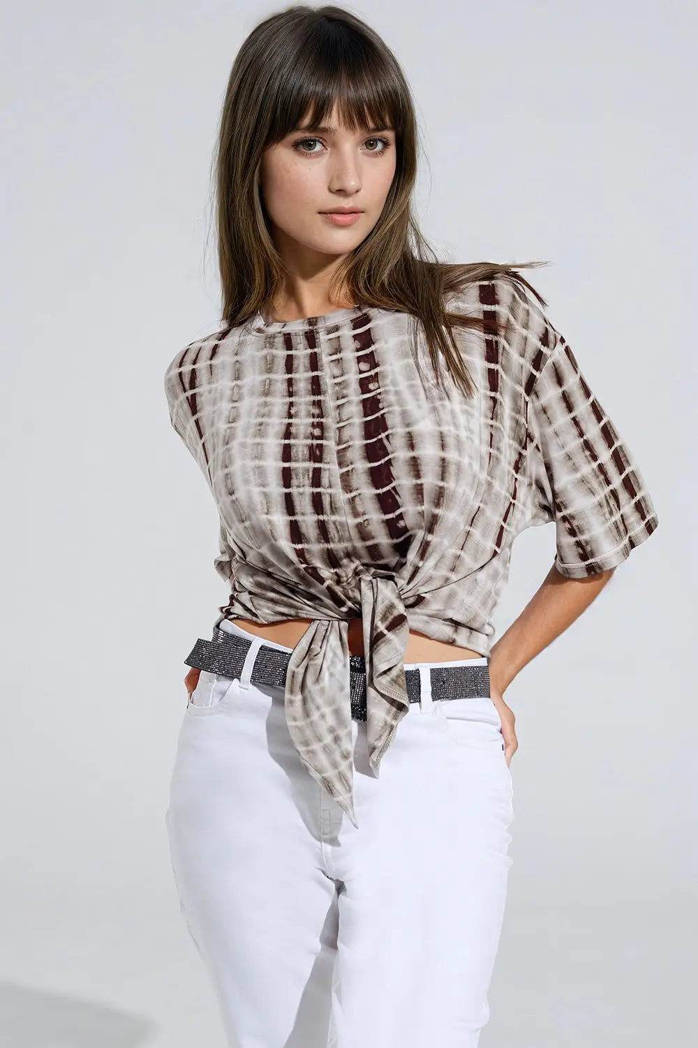 Khaki Tie Dye printed t-shirt with knot on the front - T-Shirts