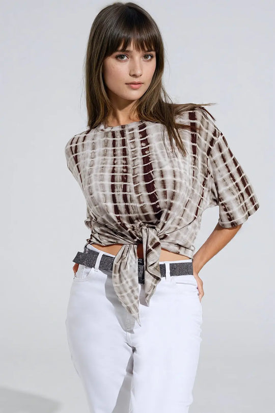 Khaki Tie Dye printed t-shirt with knot on the front - T-Shirts