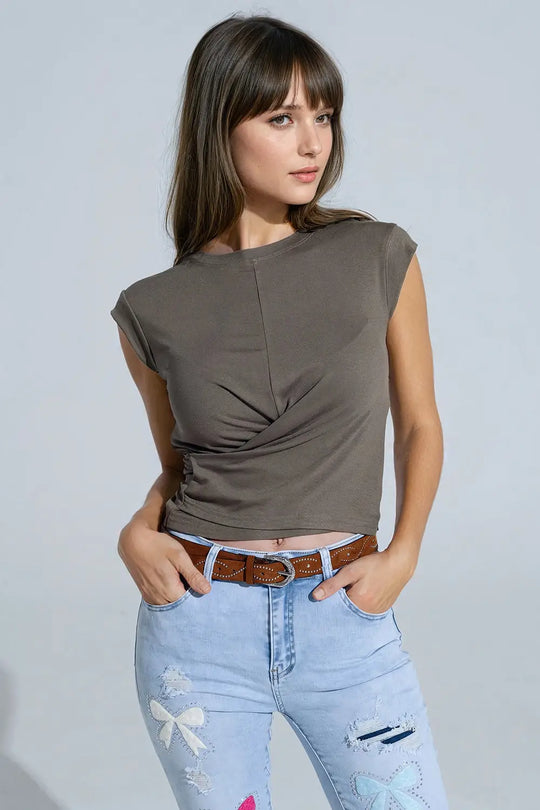 Khaki short-sleeved top crossed at the bottom front - T-Shirts