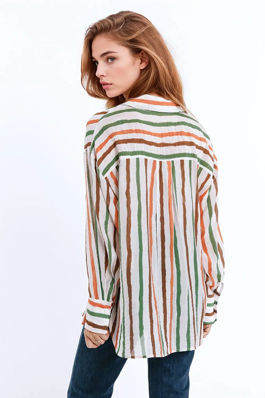 chiffon long sleeve shirt with multicolor stripes green and brown - Shirts
