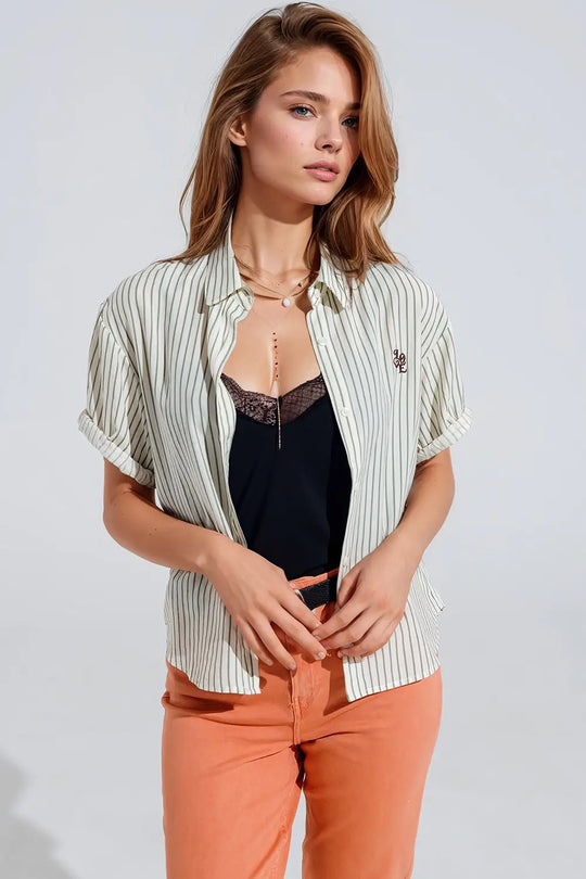 White Striped Blouse With Love Logo On Chest - Shirts