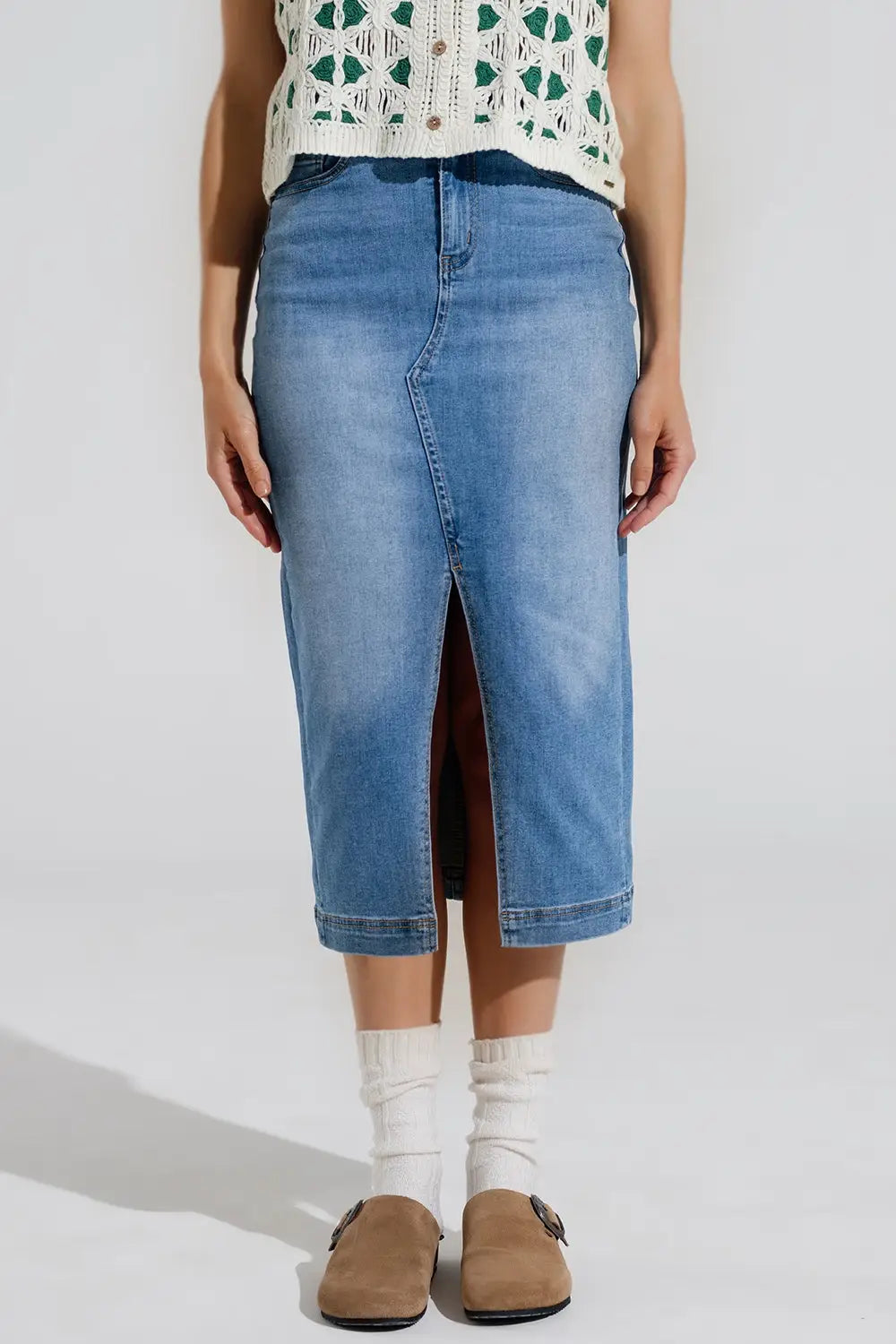 Stretch Denim Midi Skirt With Split Down The Front - Skirts
