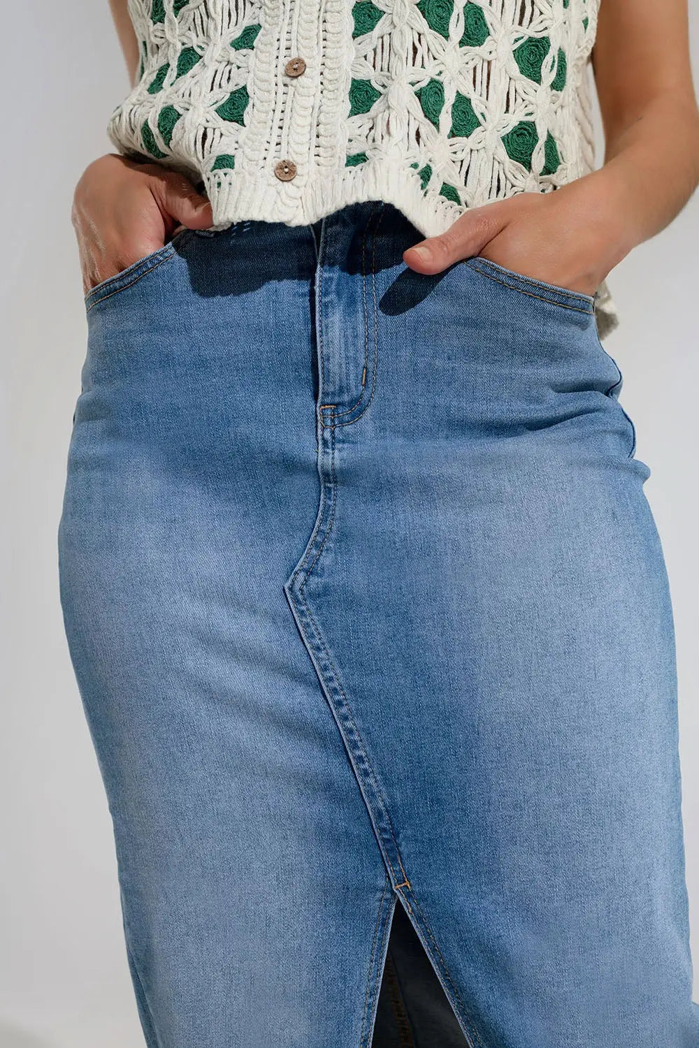 Stretch Denim Midi Skirt With Split Down The Front - Skirts