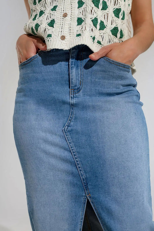 Stretch Denim Midi Skirt With Split Down The Front - Skirts