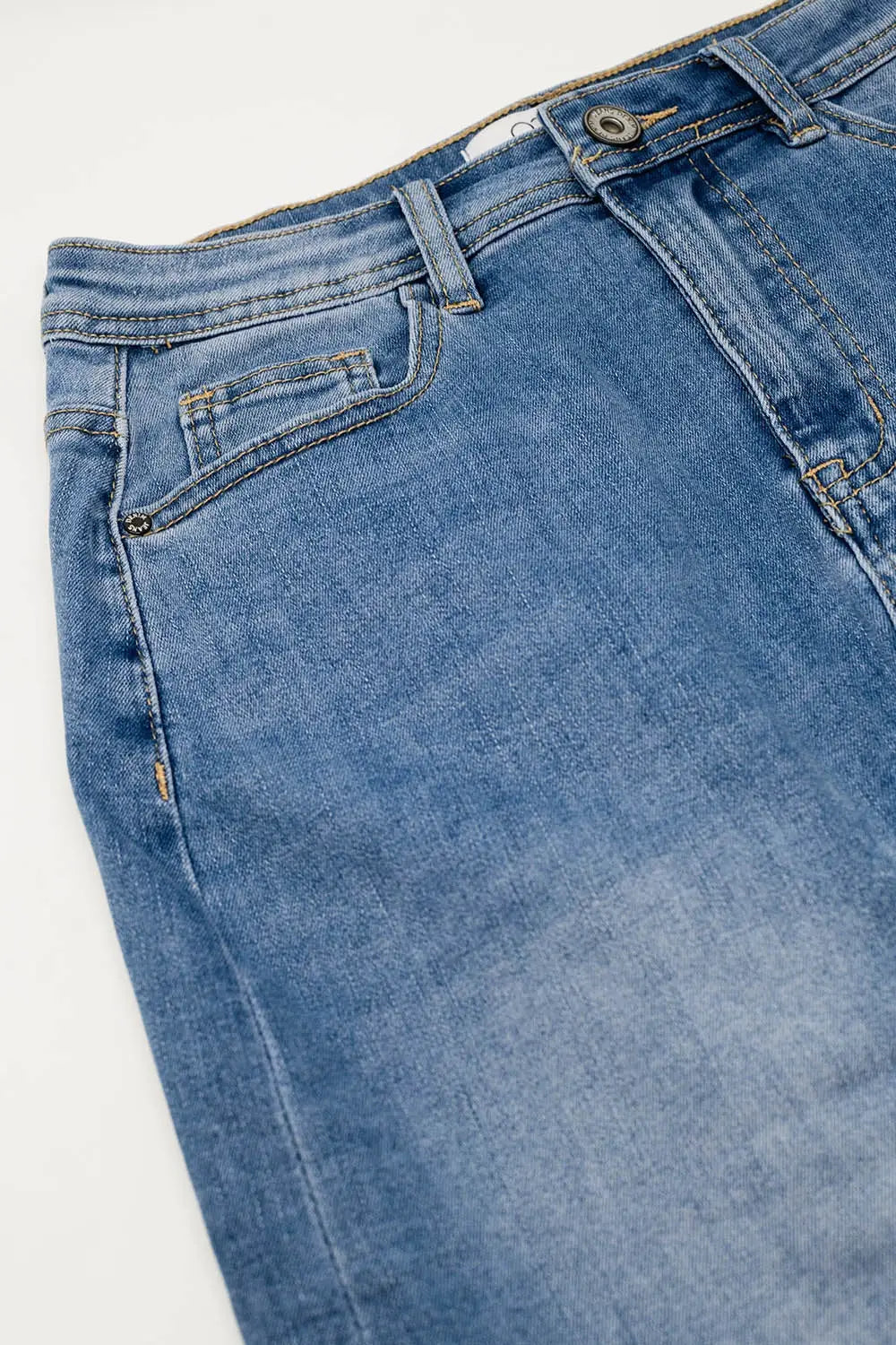 Stretch Denim Midi Skirt With Split Down The Front - Skirts