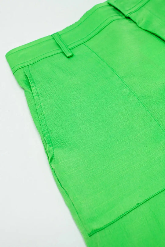 Green satin Pants With Side Pockets And Belt Hoops - Pants