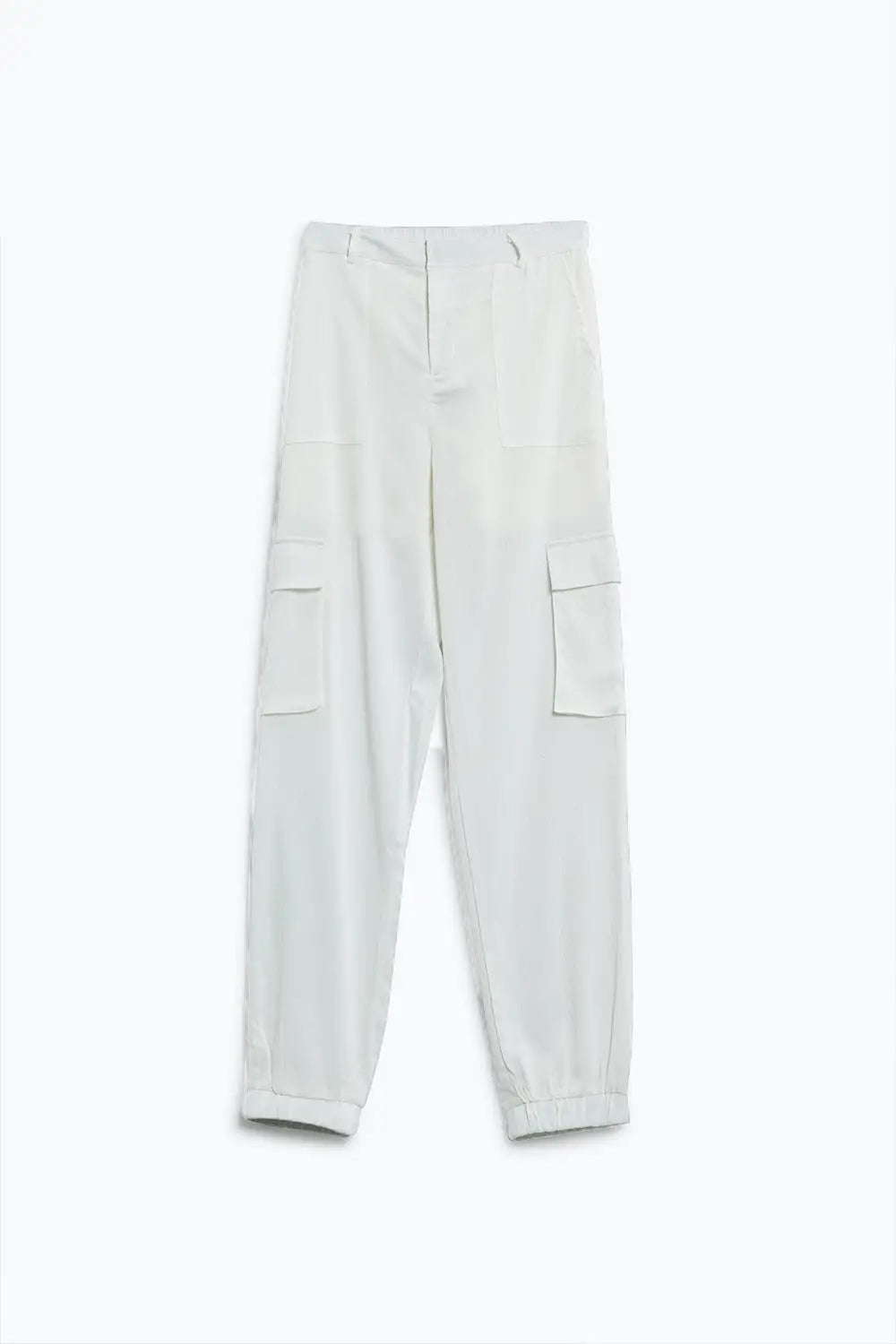 White satin Pants With Side Pockets And Belt Hoops - Pants