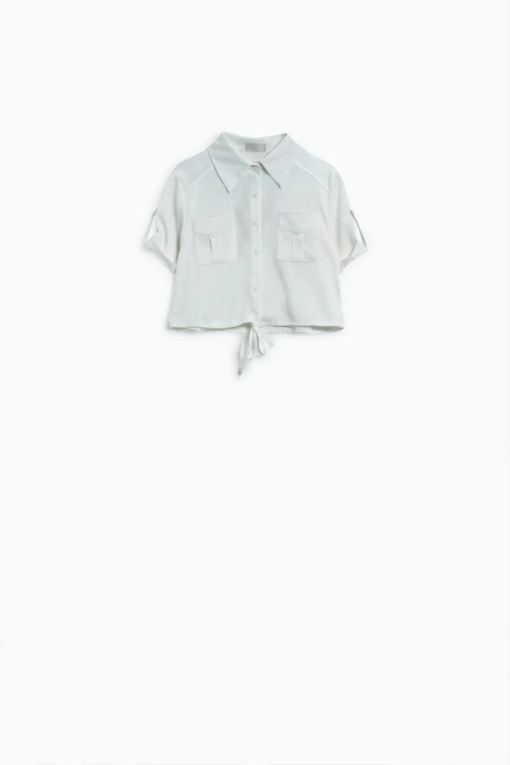 White Short satin Blouse With Chest Pockets And Drawstrings At Bottom - Shirts