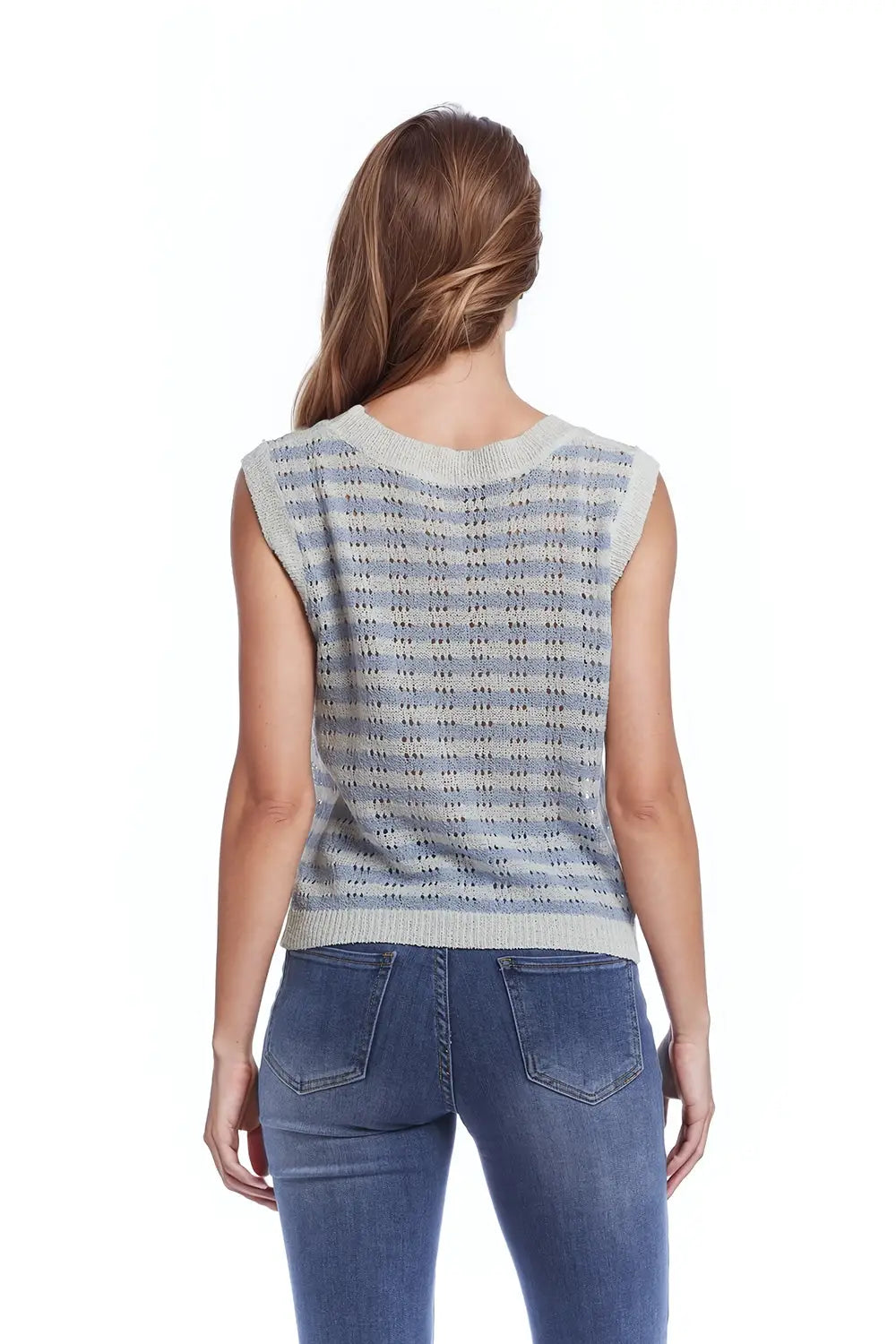 Open Knit Cropped Striped Sleeveless sweater in Blue and White - BLUE / ONE - Sweaters